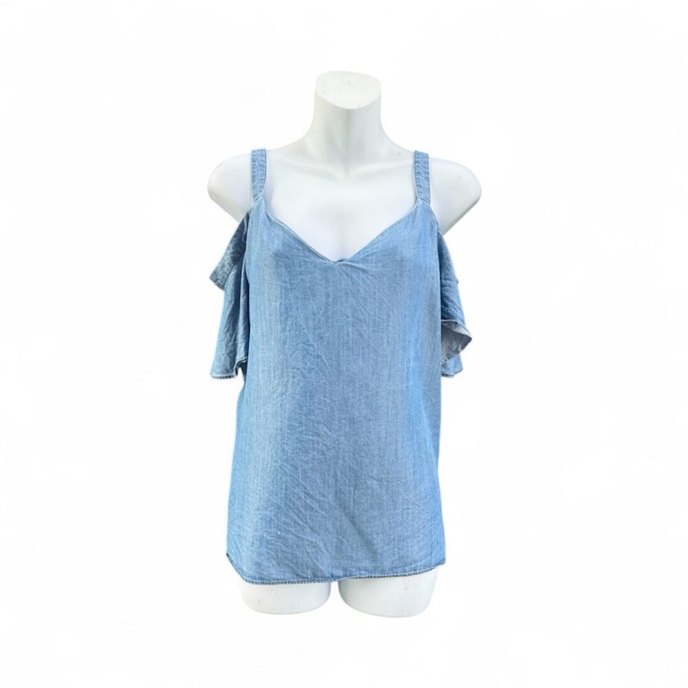 Bebe Chambray V-neck Cold Shoulder Top